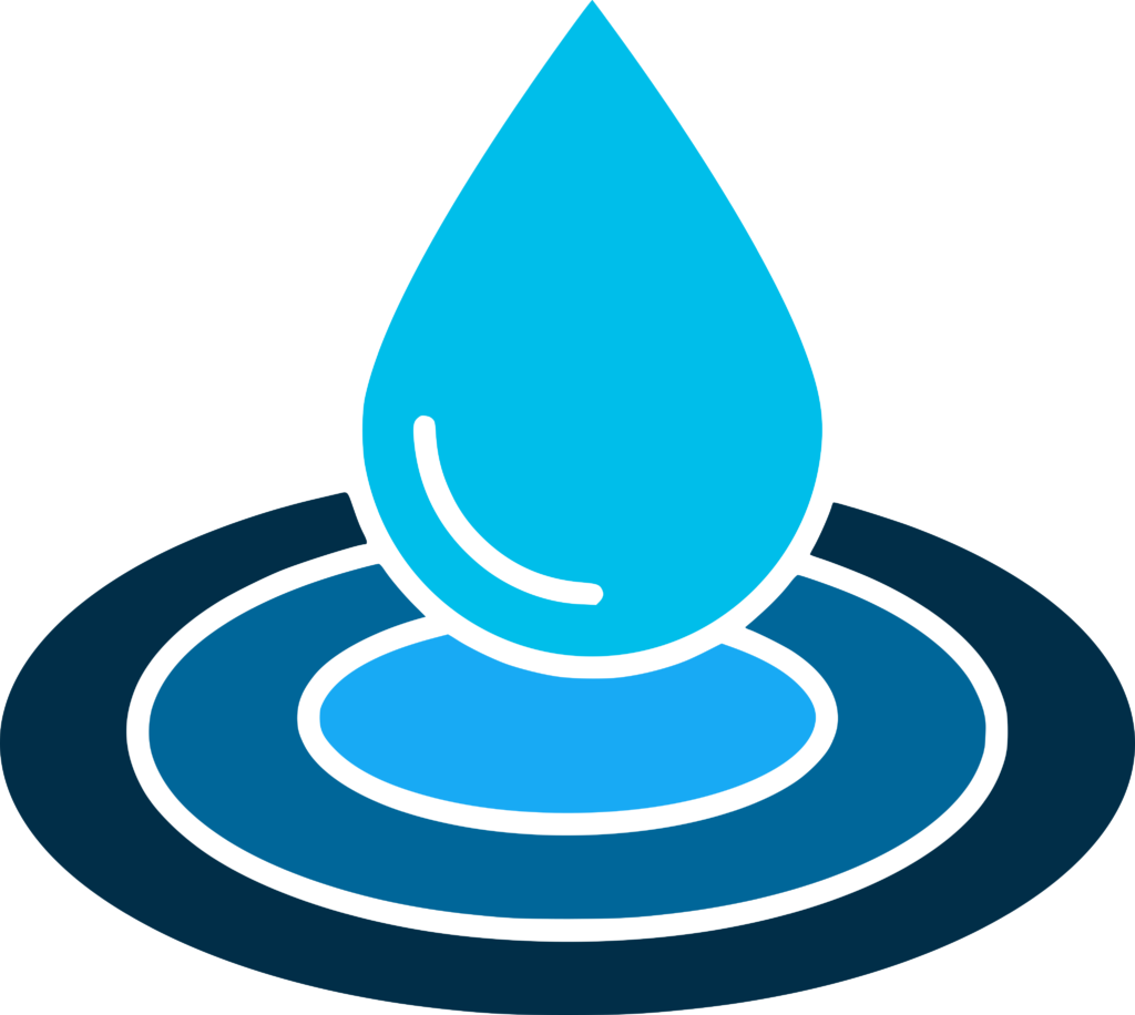A light blue rain drop, surrounded by 3 rings in different shades of blue, gradually getting dark. First ring is a brighter blue circle. Next is a medium blue is a ring, followed by a dark blue ring.